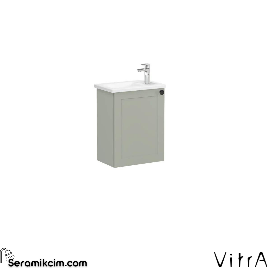 Vitra Root Classic Lavabo Dolabı, Kapaklı, 45 Cm, Kompakt, Sağdan Armatür Delikli, Mat Retro Yeşil, Köşeli Lavabolu, Sol