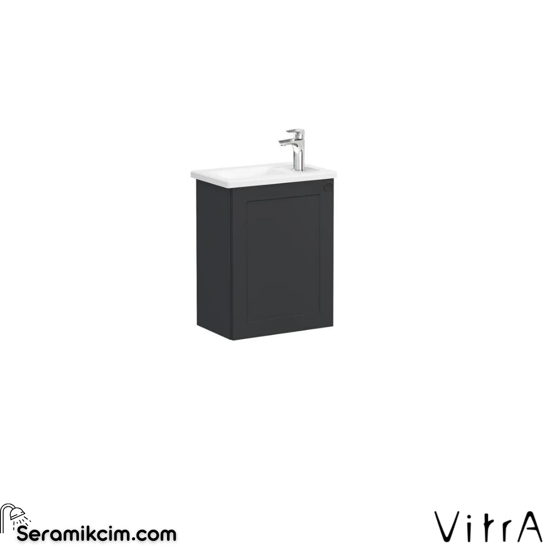 Vitra Root Classic Lavabo Dolabı, Kapaklı, 45 Cm, Kompakt, Sağdan Armatür Delikli, Mat Grafit, Köşeli Lavabolu, Sol