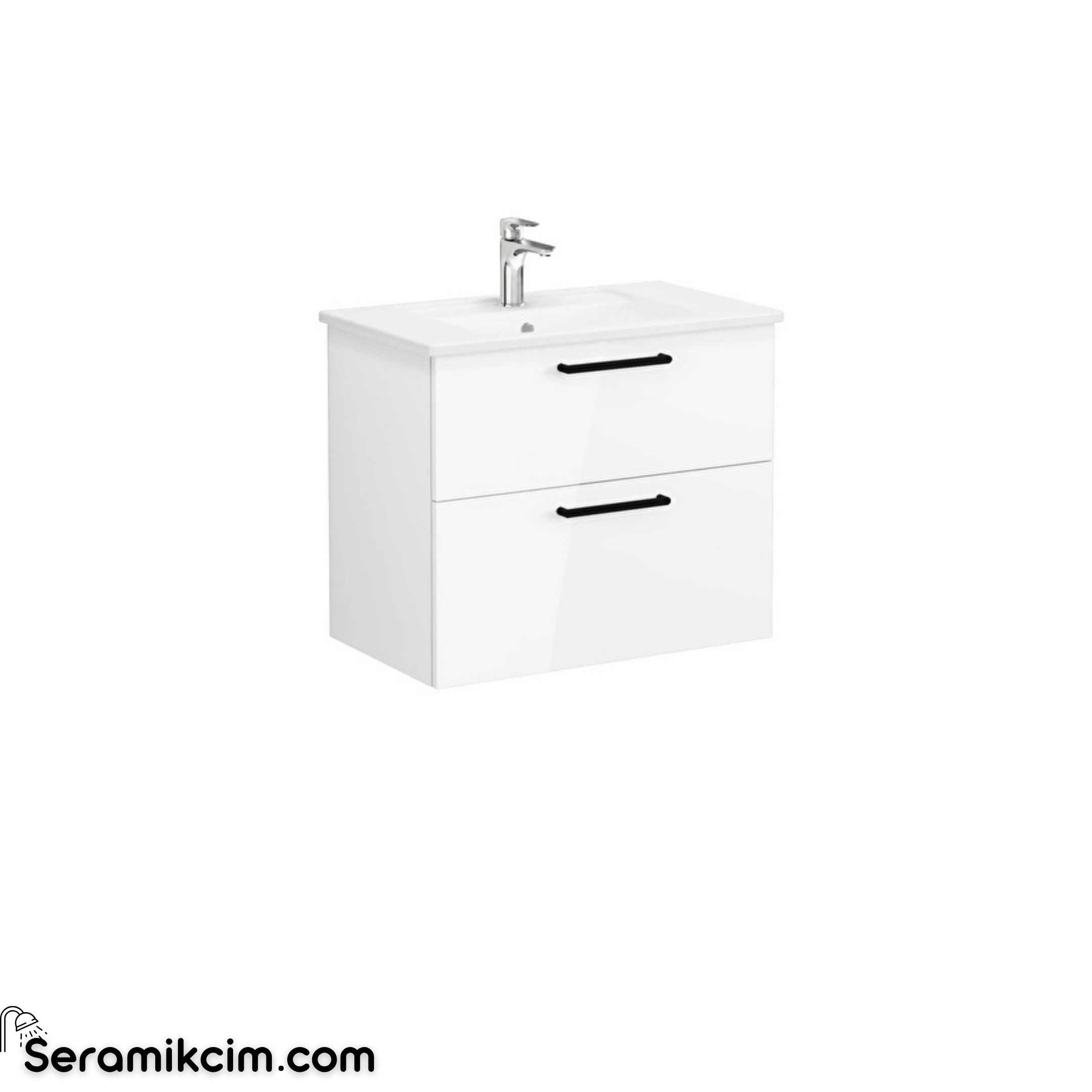 VitrA Root Flat Lavabo Dolabı, 80 cm, iki çekmeceli, köşeli lavabo, parlak beyaz