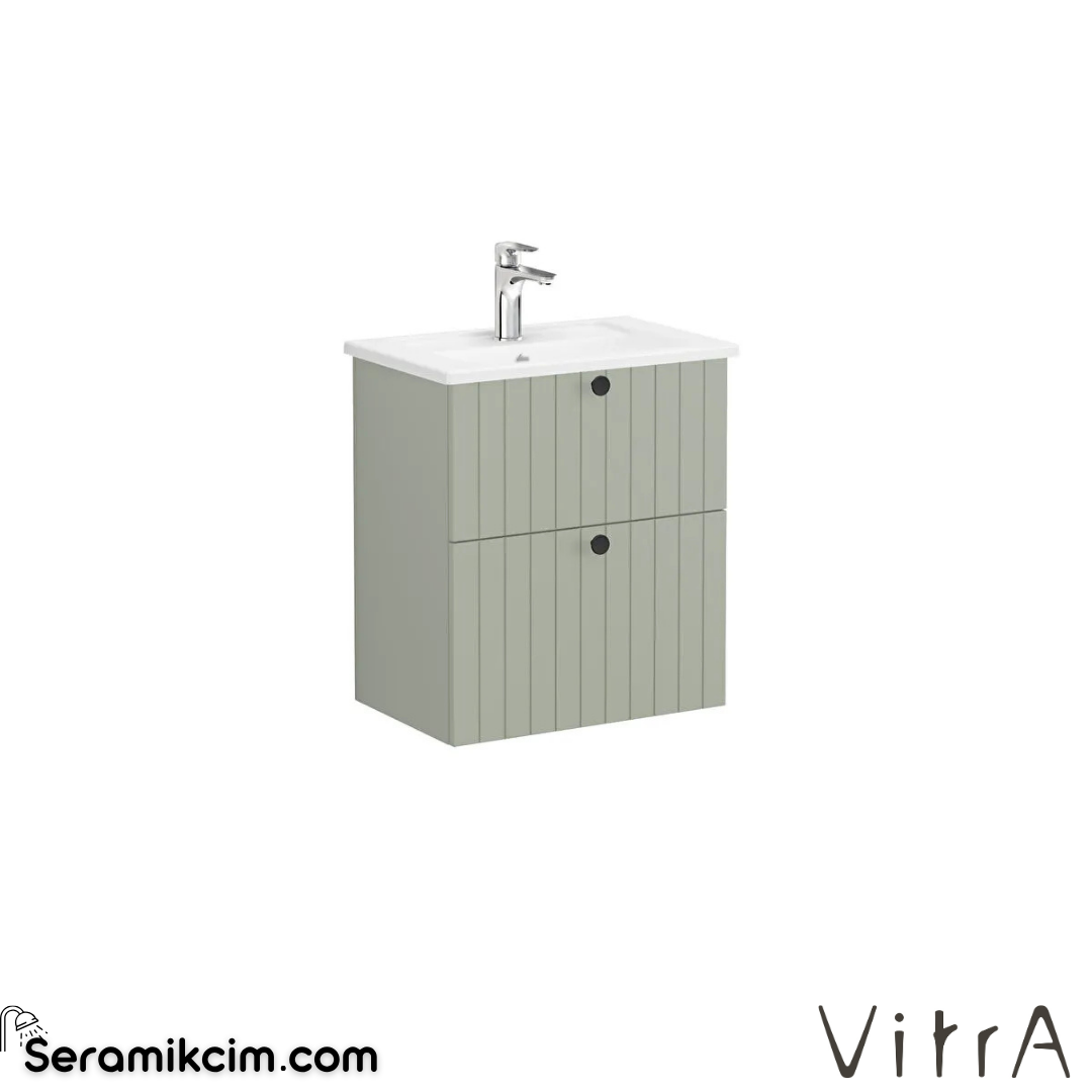 Vitra Root Groove Lavabo Dolabı, Çift Çekmeceli, Dar, 60 Cm, Mat Retro Yeşil, Köşeli Lavabolu 69239