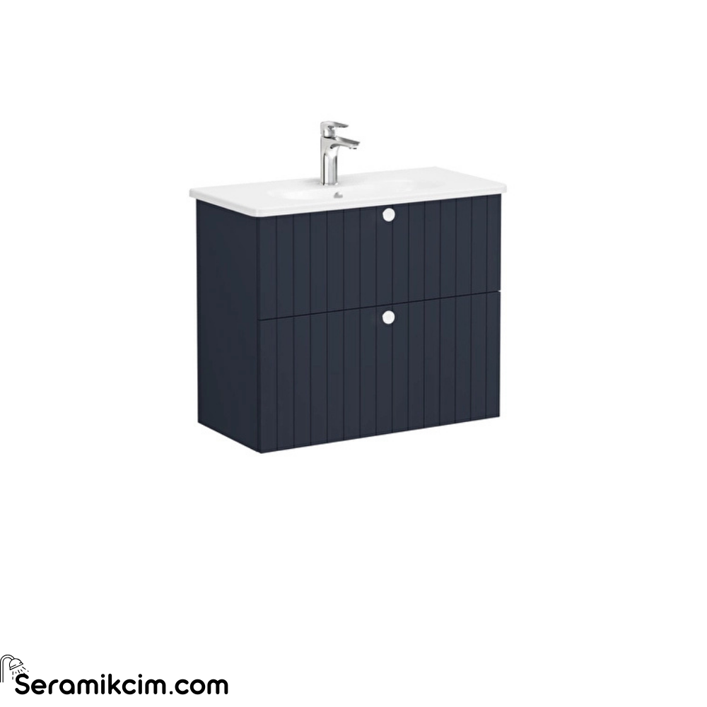 Vitra Root Groove Lavabo Dolabı, Çift Çekmeceli, Dar, 80 Cm, Mat Lacivert, Yuvarlak Lavabolu