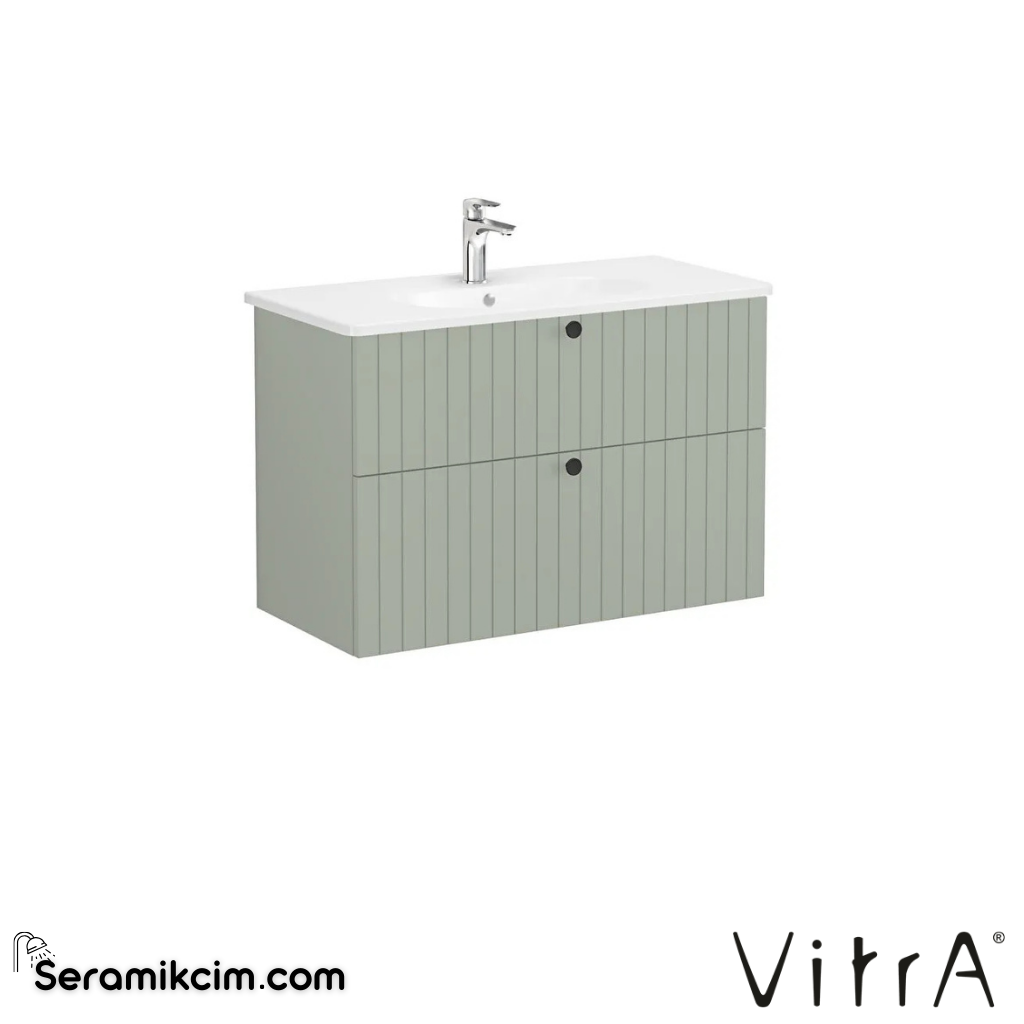 Vitra Root Groove Lavabo Dolabı, İki Çekmeceli, 100 Cm, Mat Retro Yeşil, Yuvarlak Lavabolu - 69463