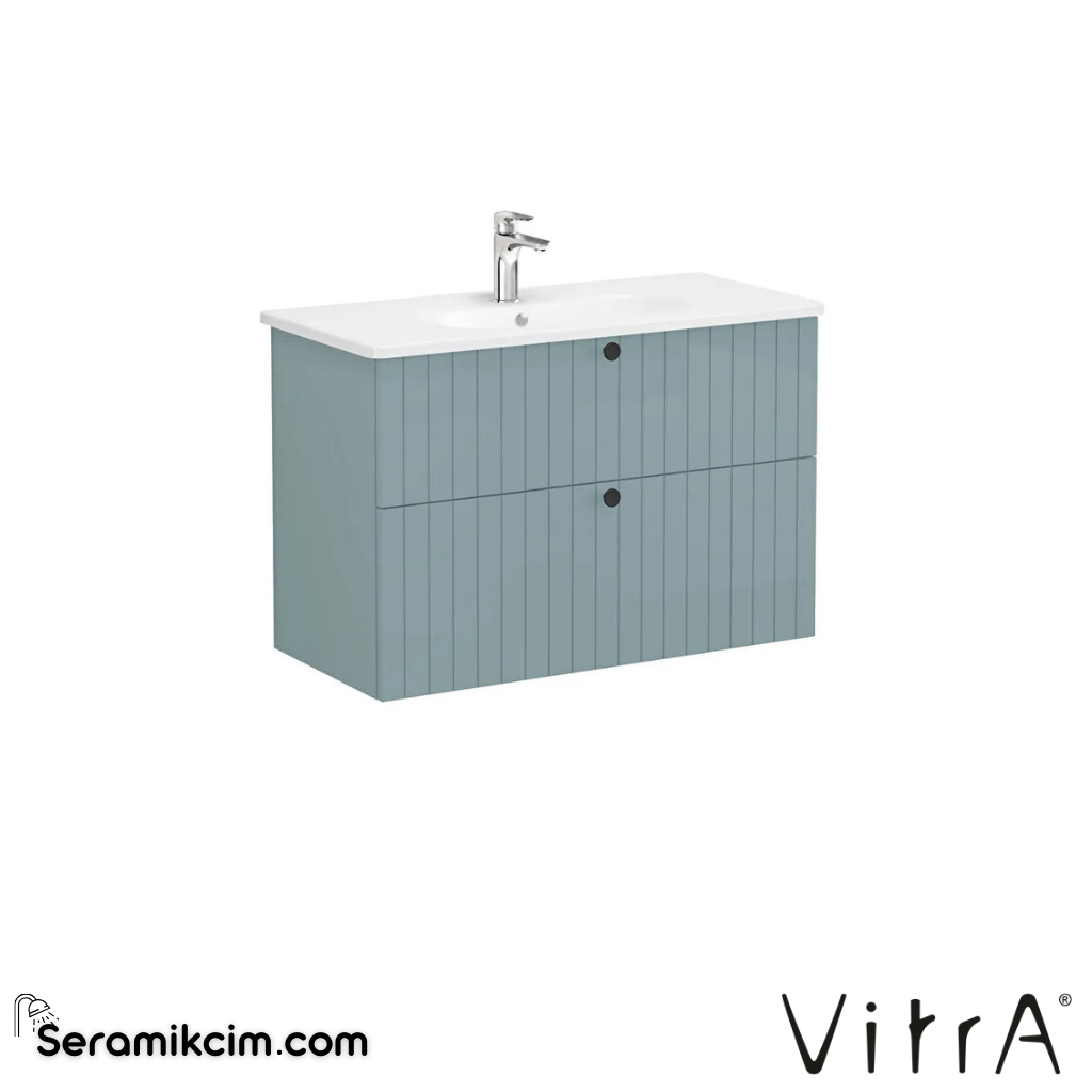 Vitra Root Groove Lavabo Dolabı, İki Çekmeceli, 100 Cm, Mat Fiyord Yeşili, Yuvarlak Lavabolu - 69460