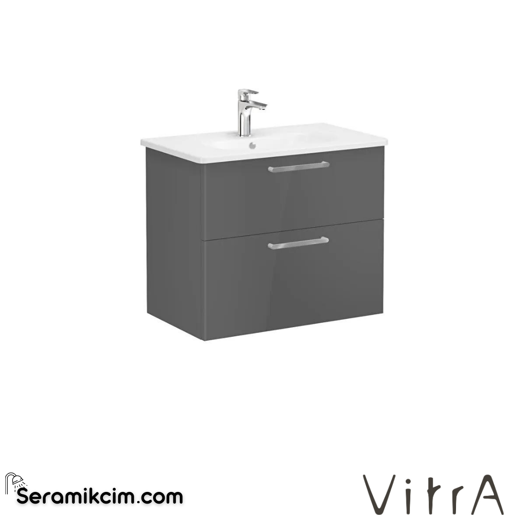 Vitra Root Lavabo Dolabı, İki Çekmeceli, 80 Cm, Parlak Antrasit, Yuvarlak Lavabolu - 66305