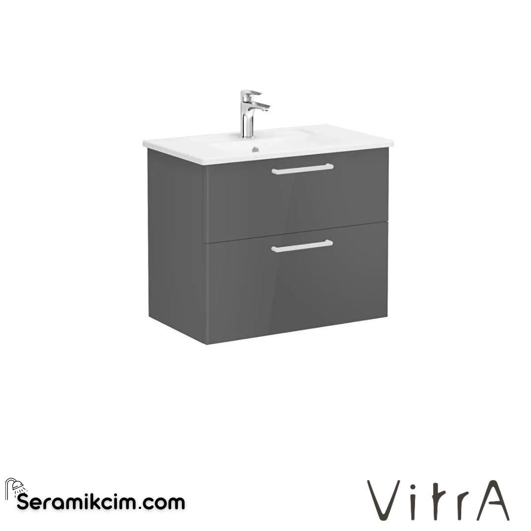 Vitra Root Lavabo Dolabı, İki Çekmeceli, 80 Cm, Parlak Antrasit, Köşeli Lavabolu - 66304
