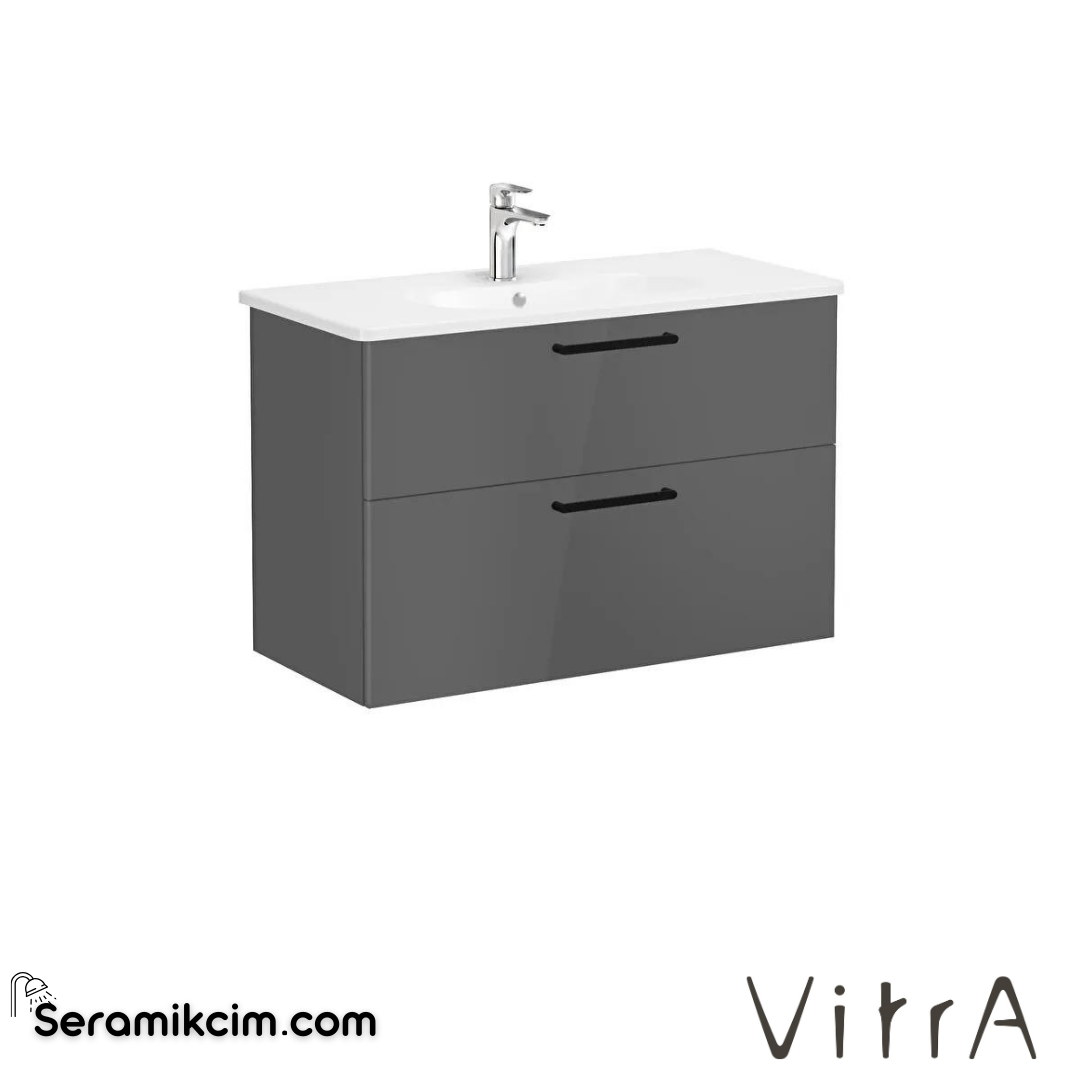 Vitra Root Lavabo Dolabı, İki Çekmeceli, 100 Cm, Parlak Antrasit, Yuvarlak Lavabolu - 68315