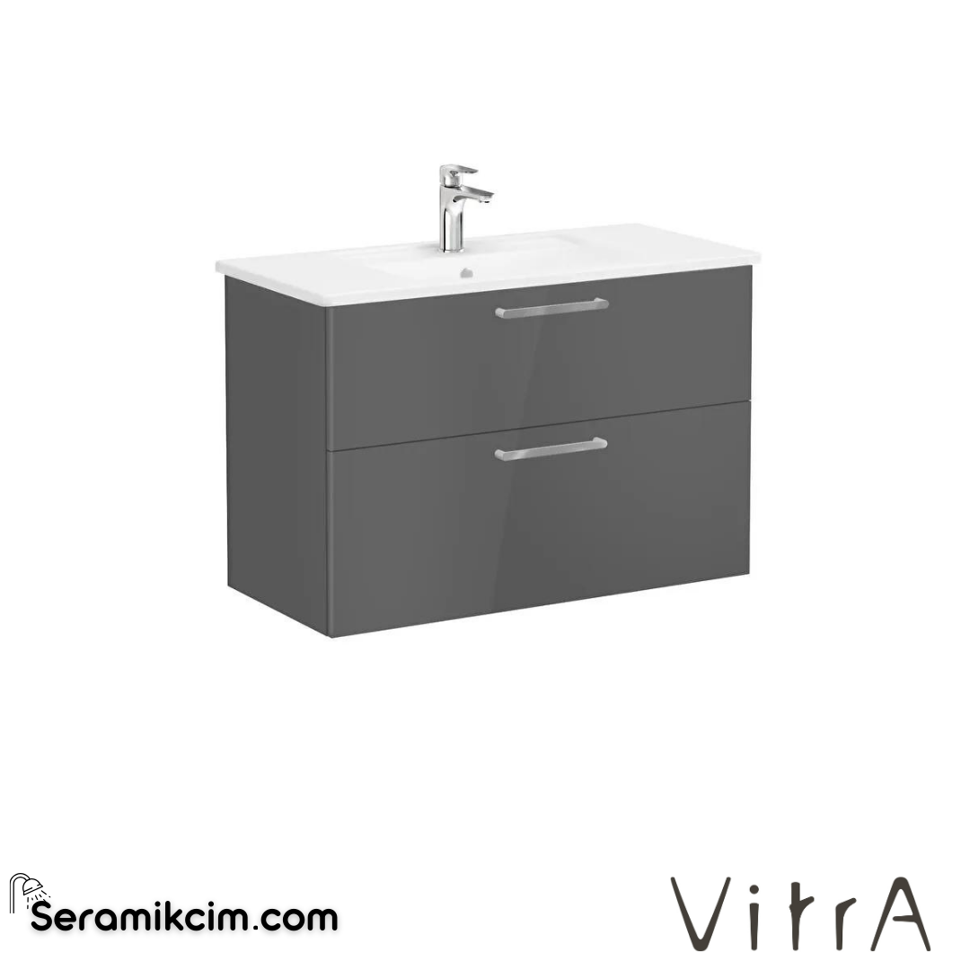 Vitra Root Lavabo Dolabı, İki Çekmeceli, 100 Cm, Parlak Antrasit, Köşeli Lavabolu - 68305