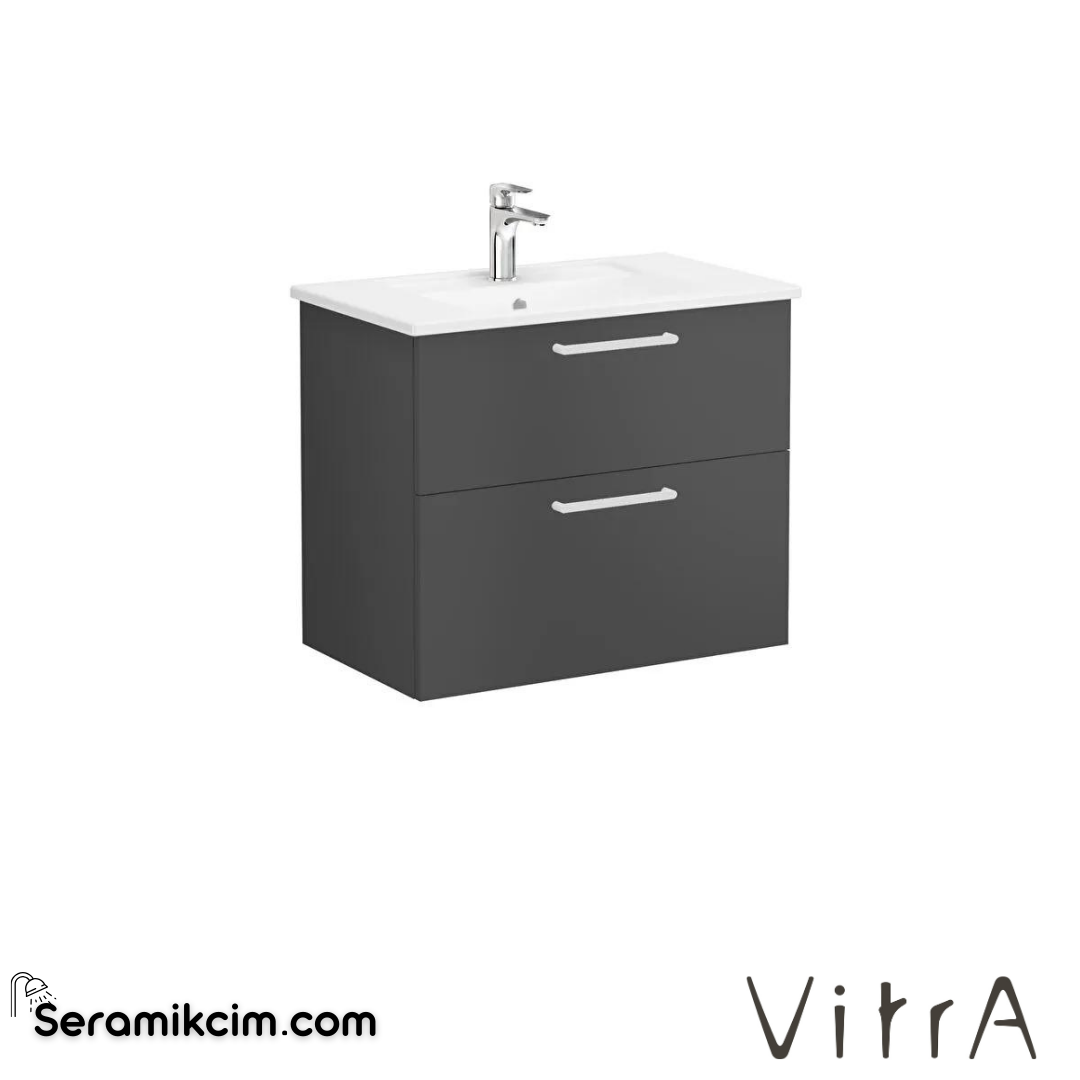 Vitra Root Lavabo Dolabı, İki Çekmeceli, 80 Cm, Mat Fırtına Gri, Köşeli Lavabolu - 68286