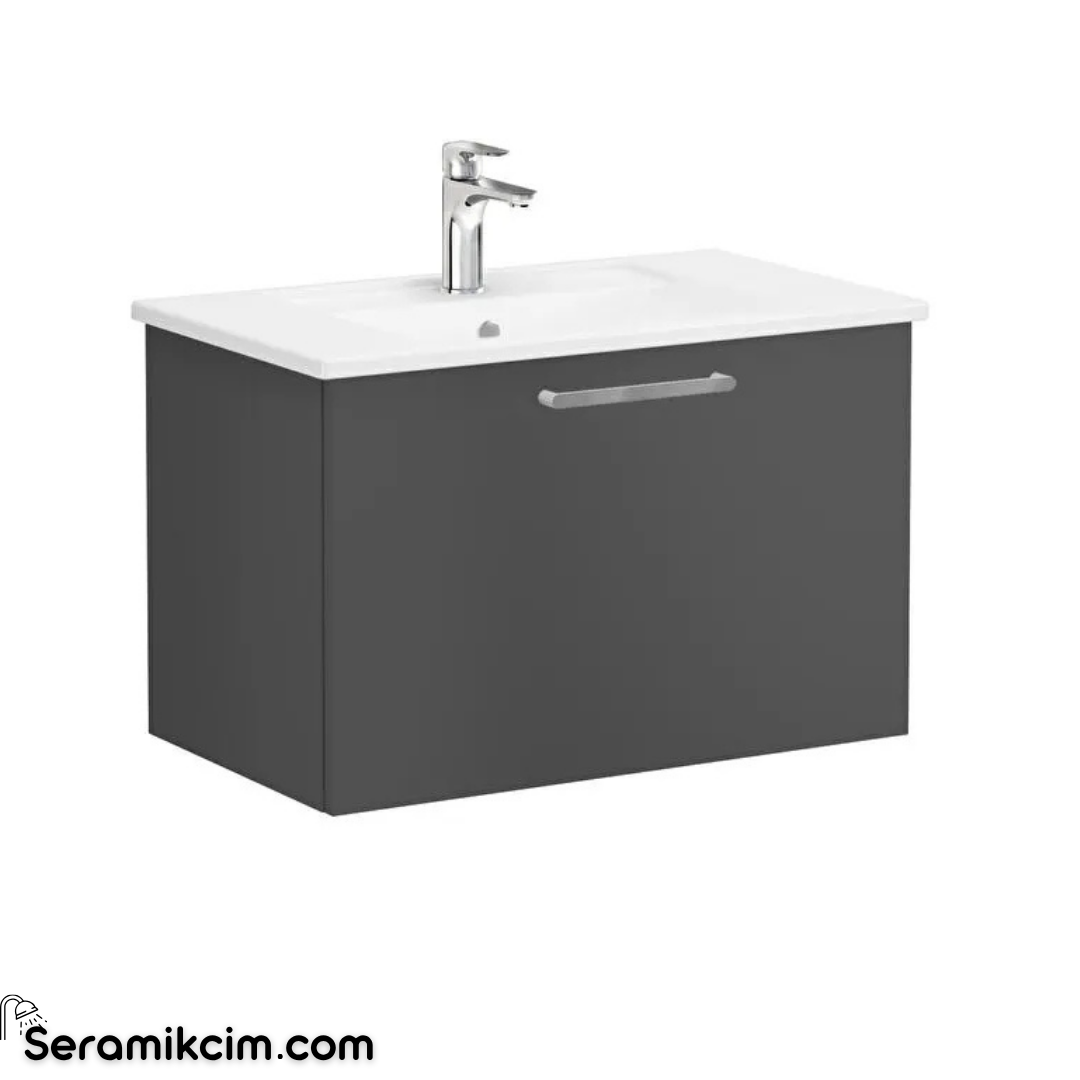 Vitra Root Lavabo Dolabı, Tek Çekmeceli, 80 Cm, Mat Fırtına Gri, Köşeli Lavabolu