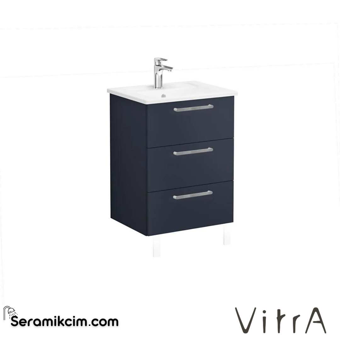 Vitra Root Lavabo Dolabı, Üç Çekmeceli, 60 Cm, Mat Fırtına Gri, Köşeli Lavabolu - 68334