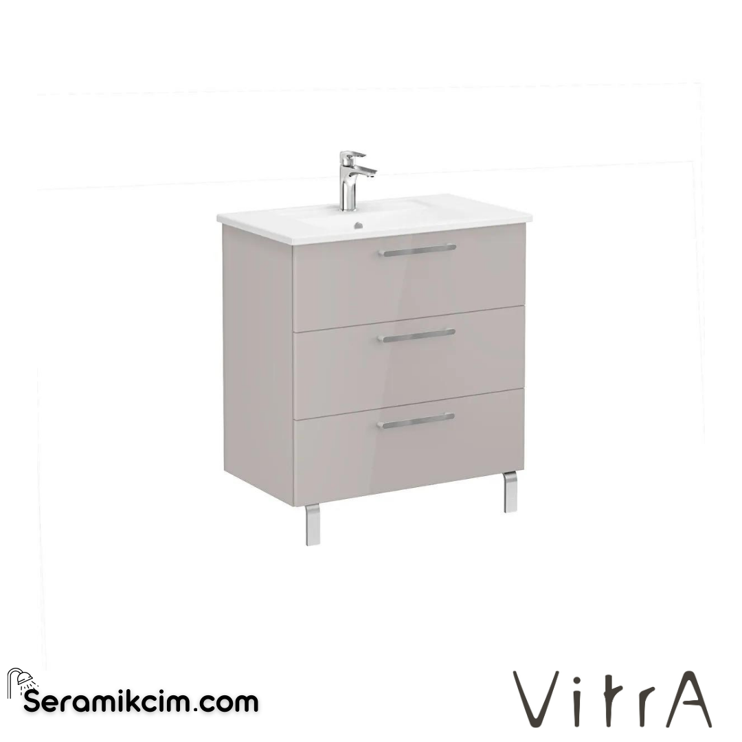 Vitra Root Lavabo Dolabı, Üç Çekmeceli, 80 Cm, Parlak Sahra Beji, Köşeli Lavabolu - 66476