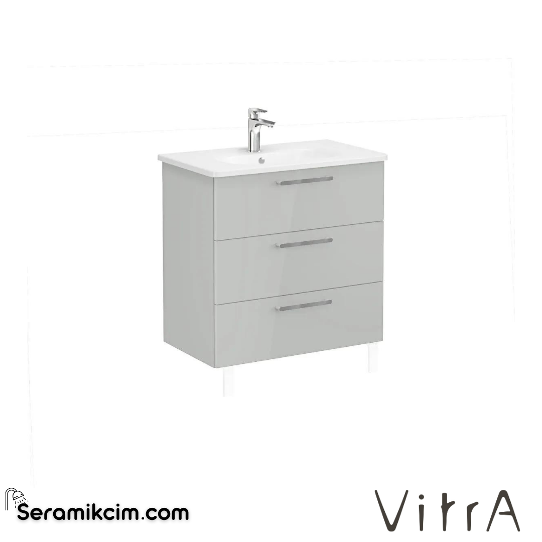 Vitra Root Lavabo Dolabı, Üç Çekmeceli, 80 Cm, Parlak İnci Grisi, Yuvarlak Lavabolu - 66479