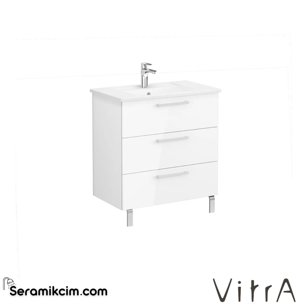 Vitra Root Lavabo Dolabı, Üç Çekmeceli, 80 Cm, Parlak Beyaz, Köşeli Lavabolu - 66474