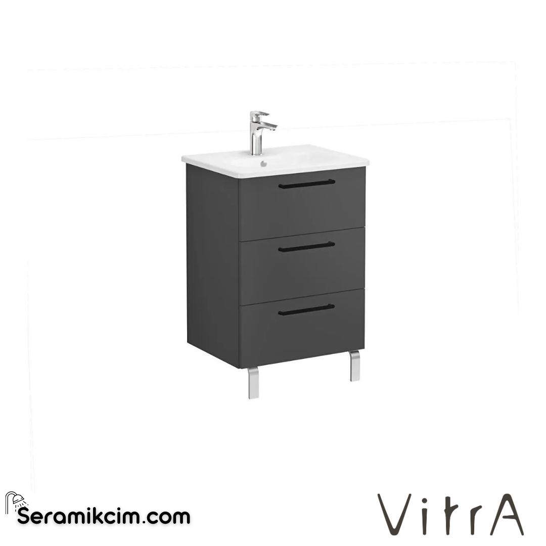 Vitra Root Lavabo Dolabı, Üç Çekmeceli, 60 Cm, Mat Fırtına Gri, Yuvarlak Lavabolu - 68338