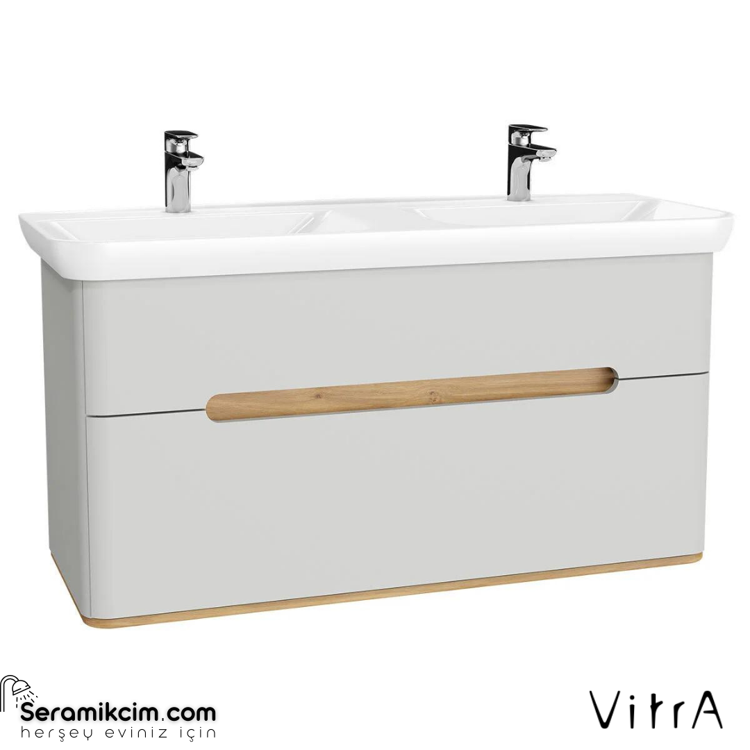 Vitra Sento Lavabo Dolabı, 130 Cm, Çift Çekmeceli, Çift Hazneli Lavabolu, Ayaksız, Mat Açık Gri