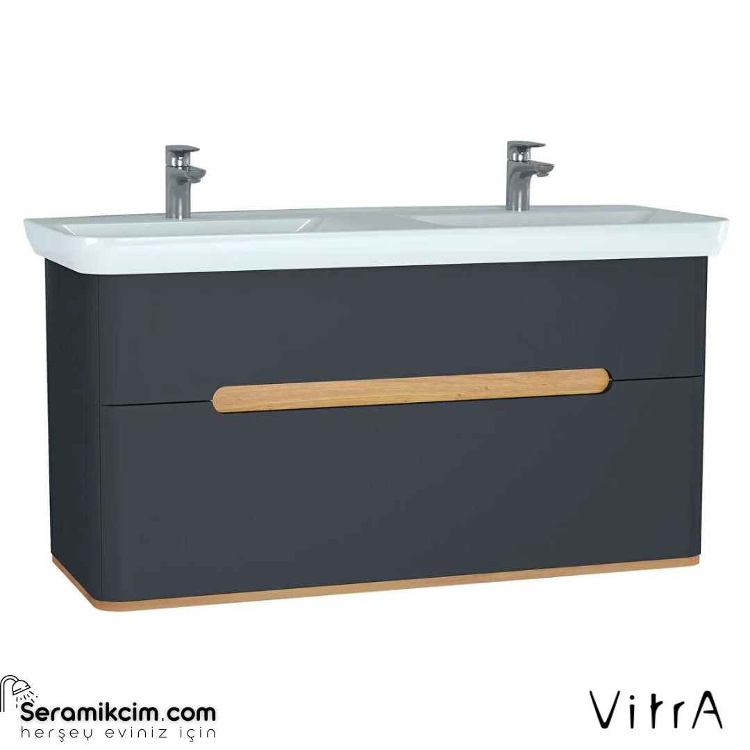 Vitra Sento Lavabo Dolabı, 130 Cm, Çift Çekmeceli, Çift Hazneli Lavabolu, Ayaksız, Mat Antrasit