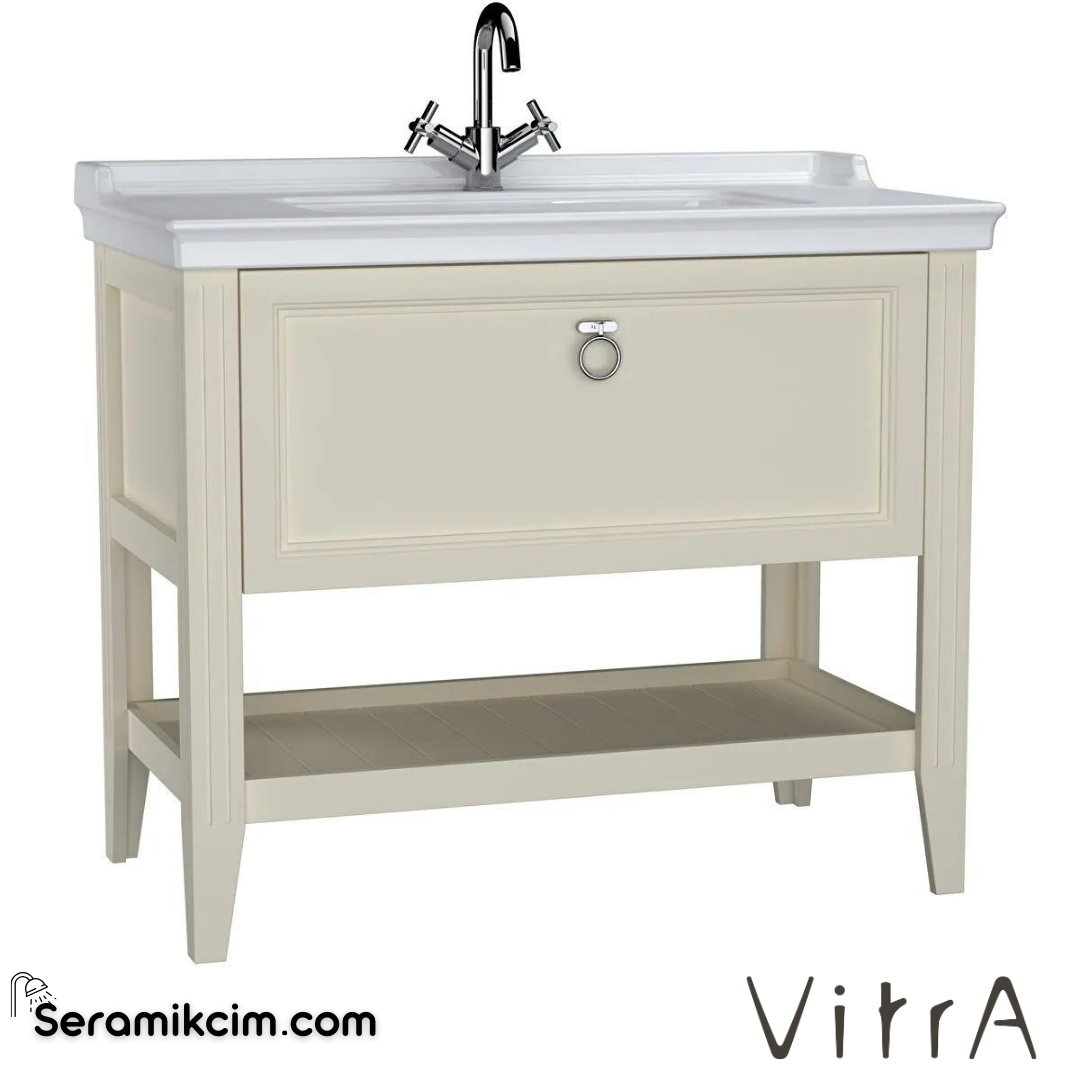 Vitra Valarte Lavabo Dolabı, 100 Cm, Çekmeceli, Etajerli Lavabolu, Tek Armatür Delikli, Krom Kulplu, Mat Fildişi - 62185