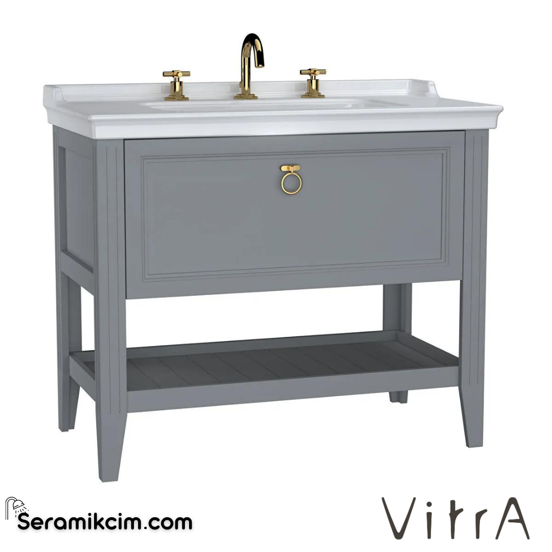 Vitra Valarte Lavabo Dolabı, 100 Cm, Çekmeceli, Etajerli Lavabolu, Üç Armatür Delikli, Krom Kulplu, Mat Gri - 62193