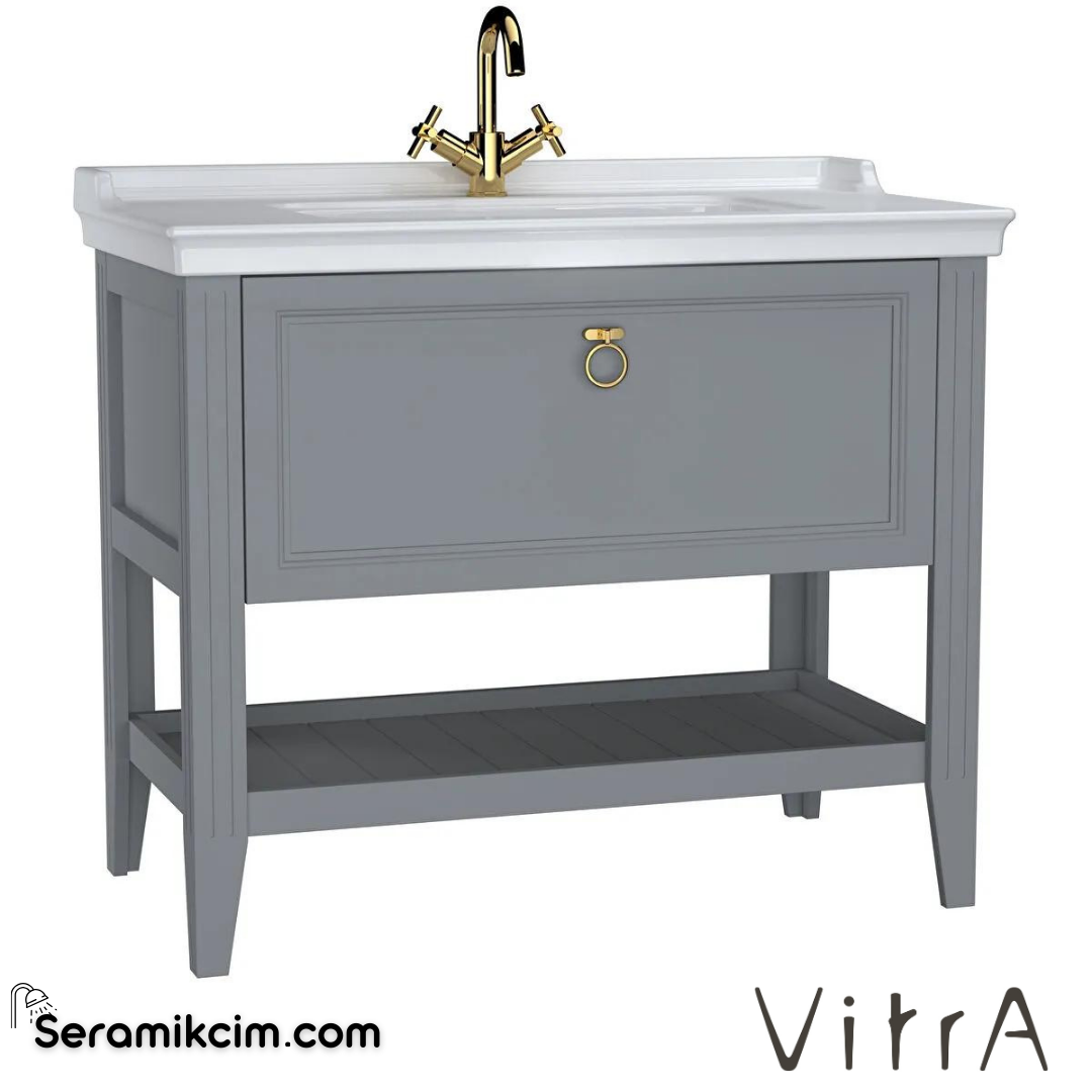 Vitra Valarte Lavabo Dolabı, 100 Cm, Çekmeceli, Etajerli Lavabolu, Tek Armatür Delikli, Krom Kulplu, Mat Gri - 62184