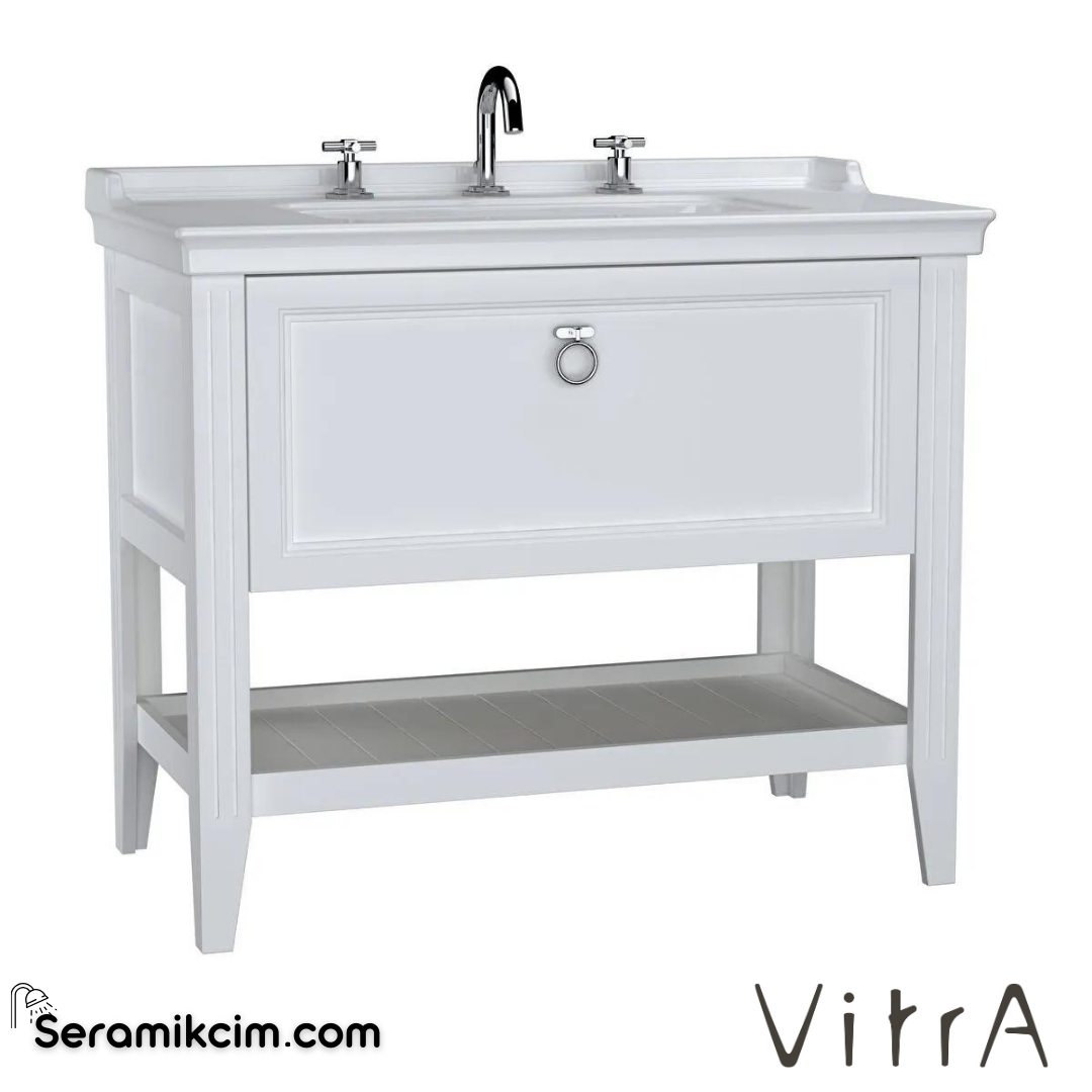 Vitra Valarte Lavabo Dolabı, 100 Cm, Çekmeceli, Etajerli Lavabolu, Üç Armatür Delikli, Krom Kulplu, Mat Beyaz - 62192