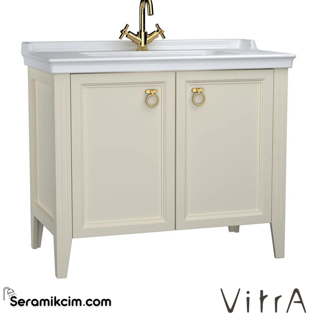 Vitra Valarte Lavabo Dolabı, 100 Cm, Kapaklı, Etajerli Lavabolu, Tek Armatür Delikli, Krom Kulplu, Mat Fildişi - 62158