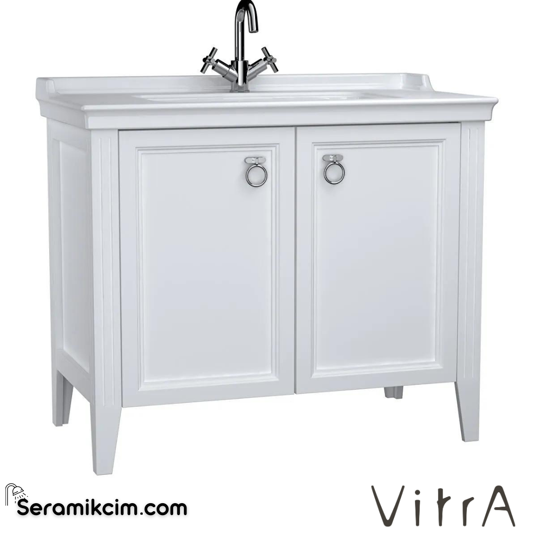 Vitra Valarte Lavabo Dolabı, 100 Cm, Kapaklı, Etajerli Lavabolu, Tek Armatür Delikli, Krom Kulplu, Mat Beyaz - 62156