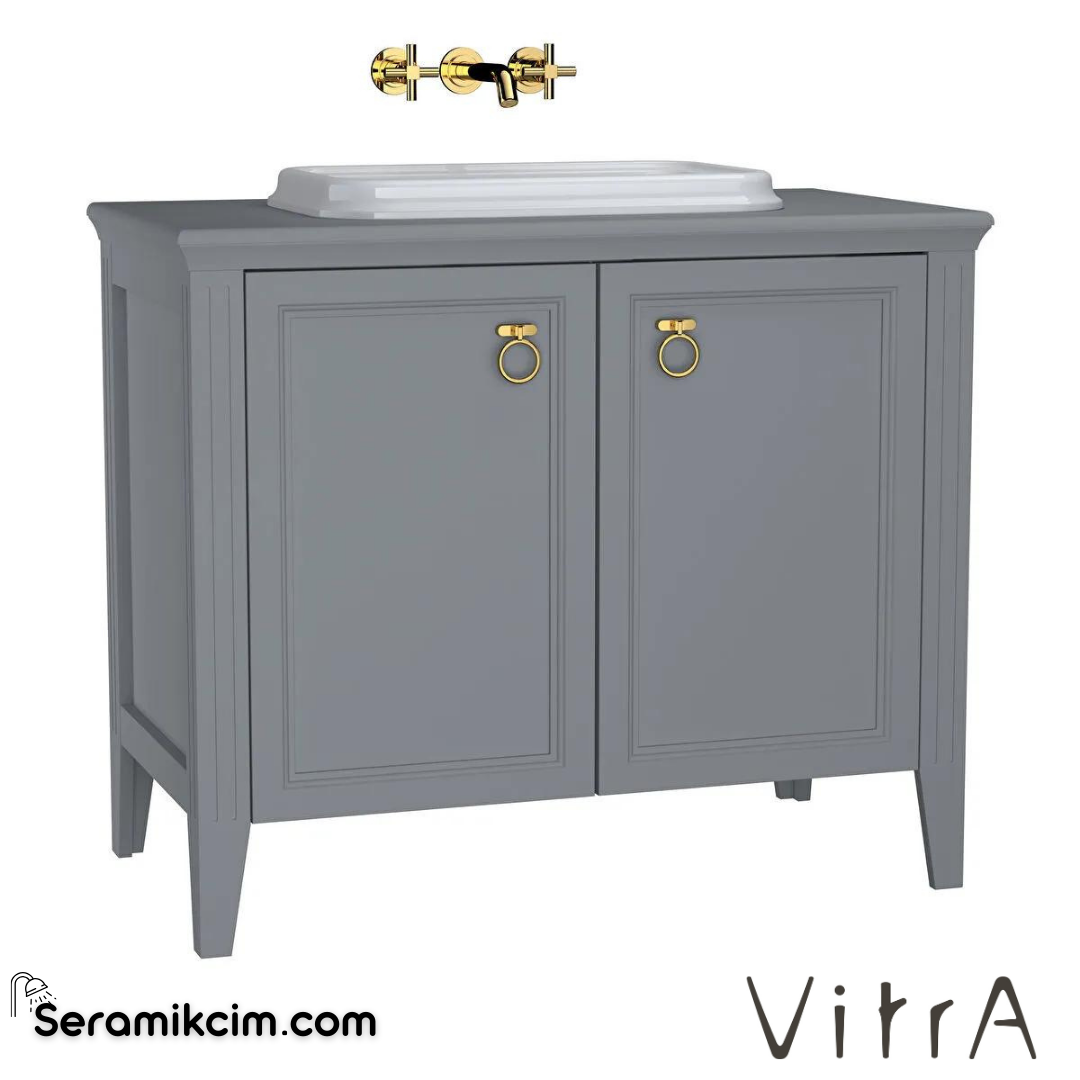 Vitra Valarte Lavabo Dolabı, 100 Cm, Kapaklı, Tezgahüstü Lavabolu, Krom Kulplu, Mat Gri - 62172