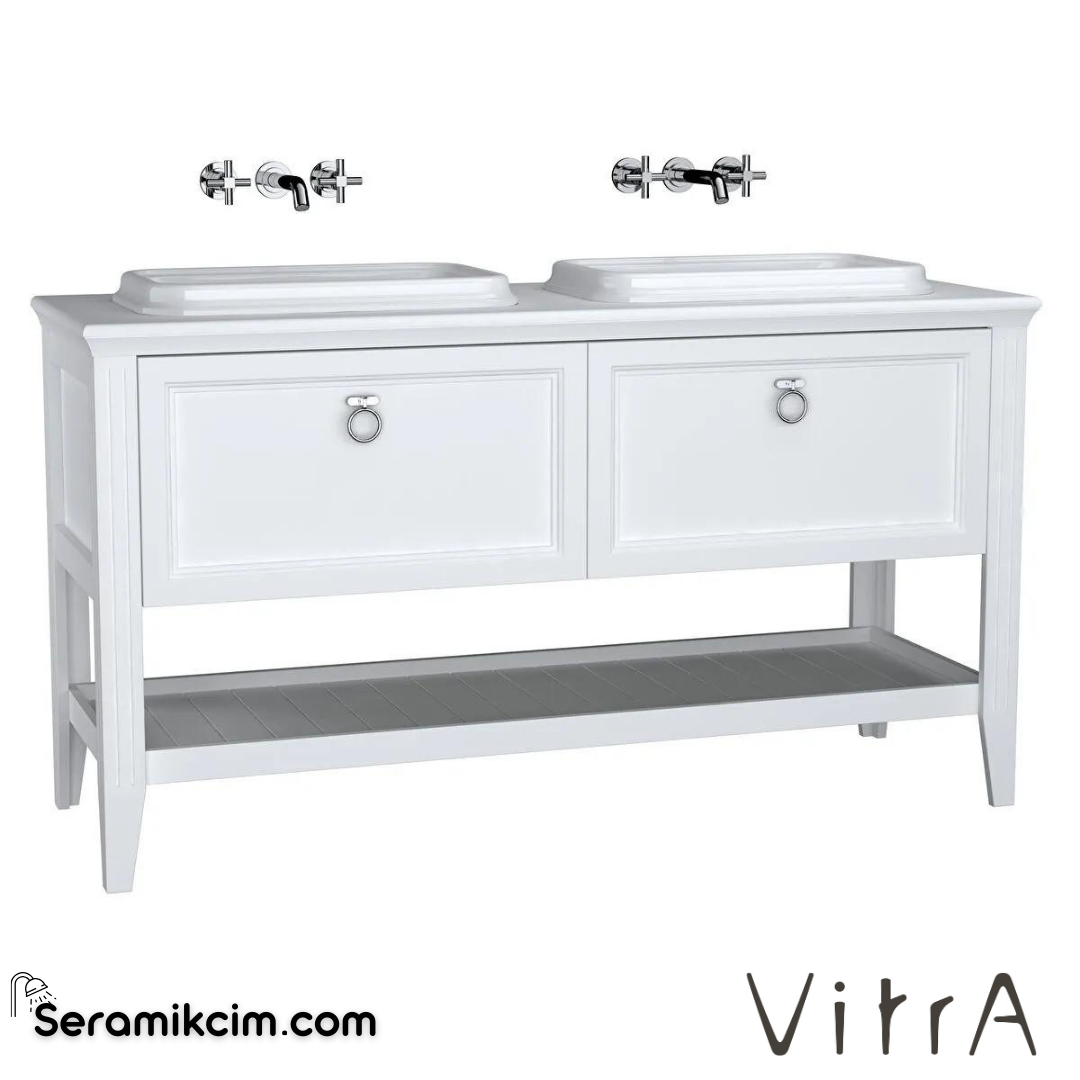 Vitra Valarte Lavabo Dolabı, 150 Cm, Çift Çekmeceli, Tezgahüstü Lavabolu, Krom Kulplu, Mat Beyaz, Çift Lavabolu - 62210