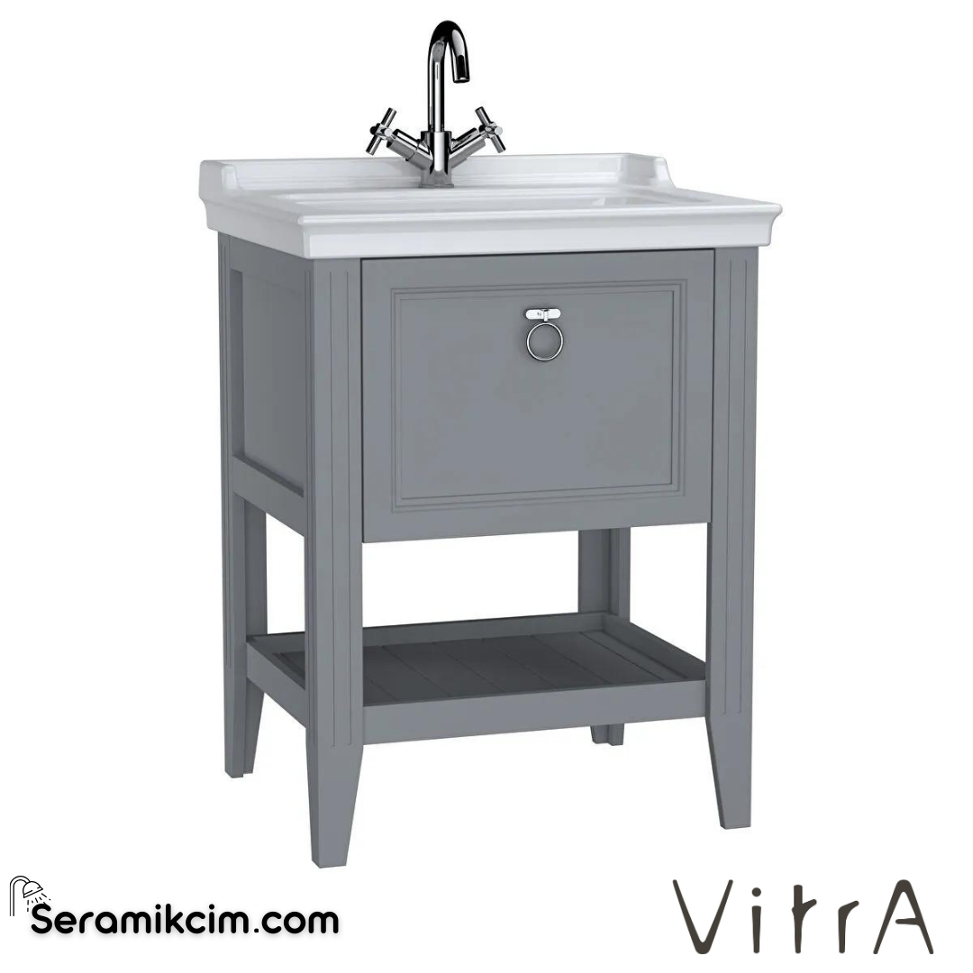 Vitra Valarte Lavabo Dolabı, 65 Cm, Çekmeceli, Etajerli Lavabolu, Tek Armatür Delikli, Krom Kulplu, Mat Gri - 62178