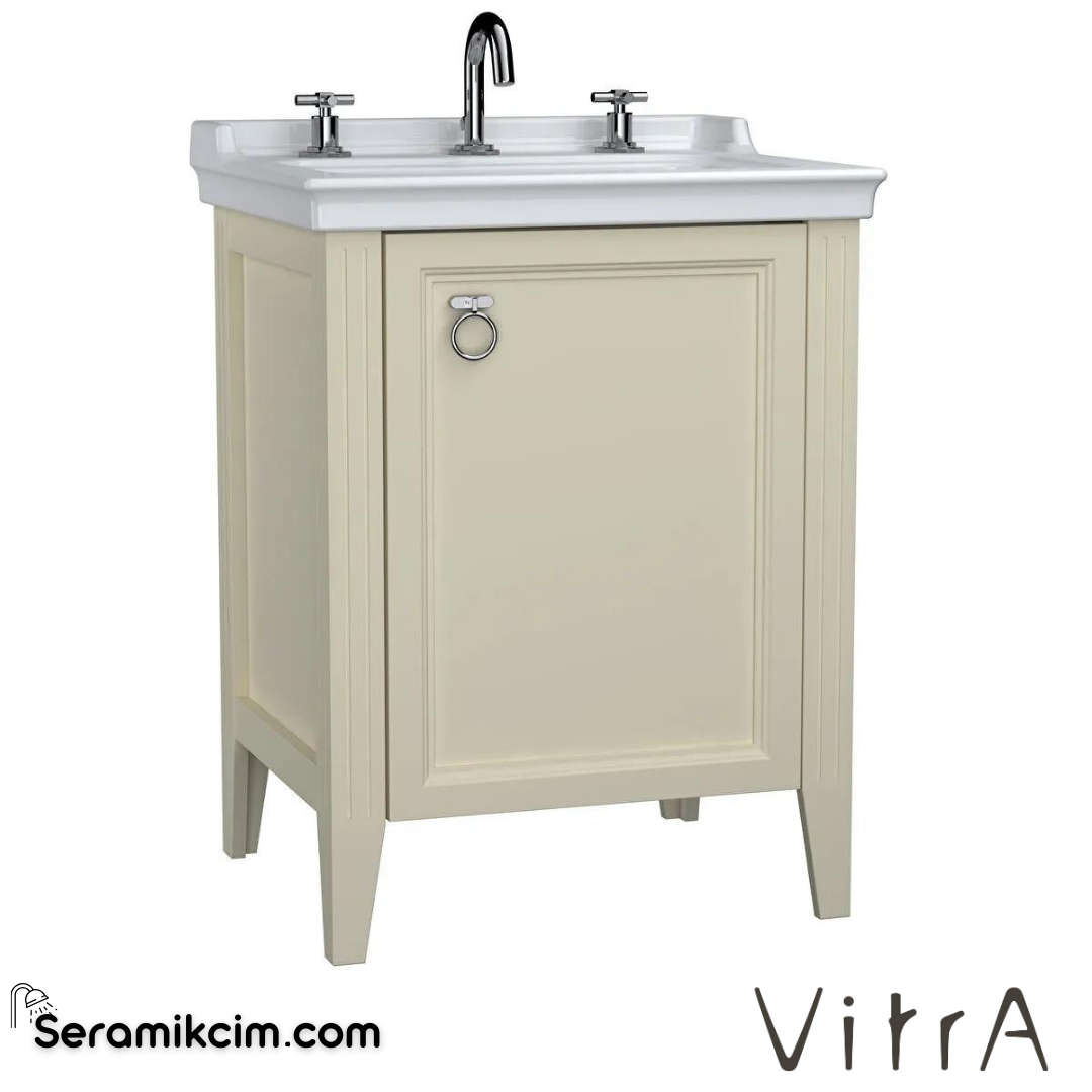 Vitra Valarte Lavabo Dolabı, 65 Cm, Kapaklı, Etajerli Lavabolu, Üç Armatür Delikli, Krom Kulplu, Mat Fildişi, Sağ - 62264