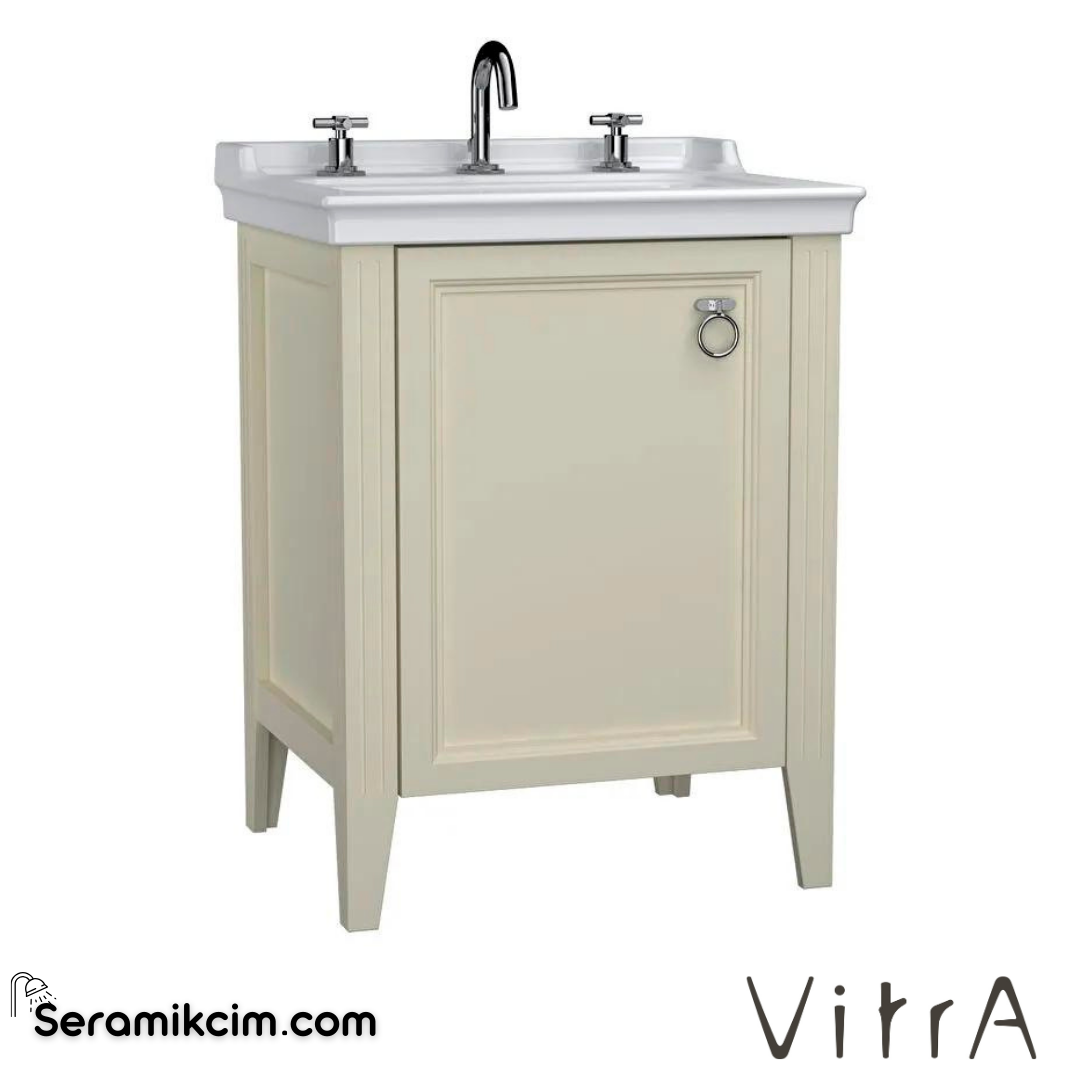Vitra Valarte Lavabo Dolabı, 65 Cm, Kapaklı, Etajerli Lavabolu, Üç Armatür Delikli, Krom Kulplu, Mat Fildişi, Sol - 62161