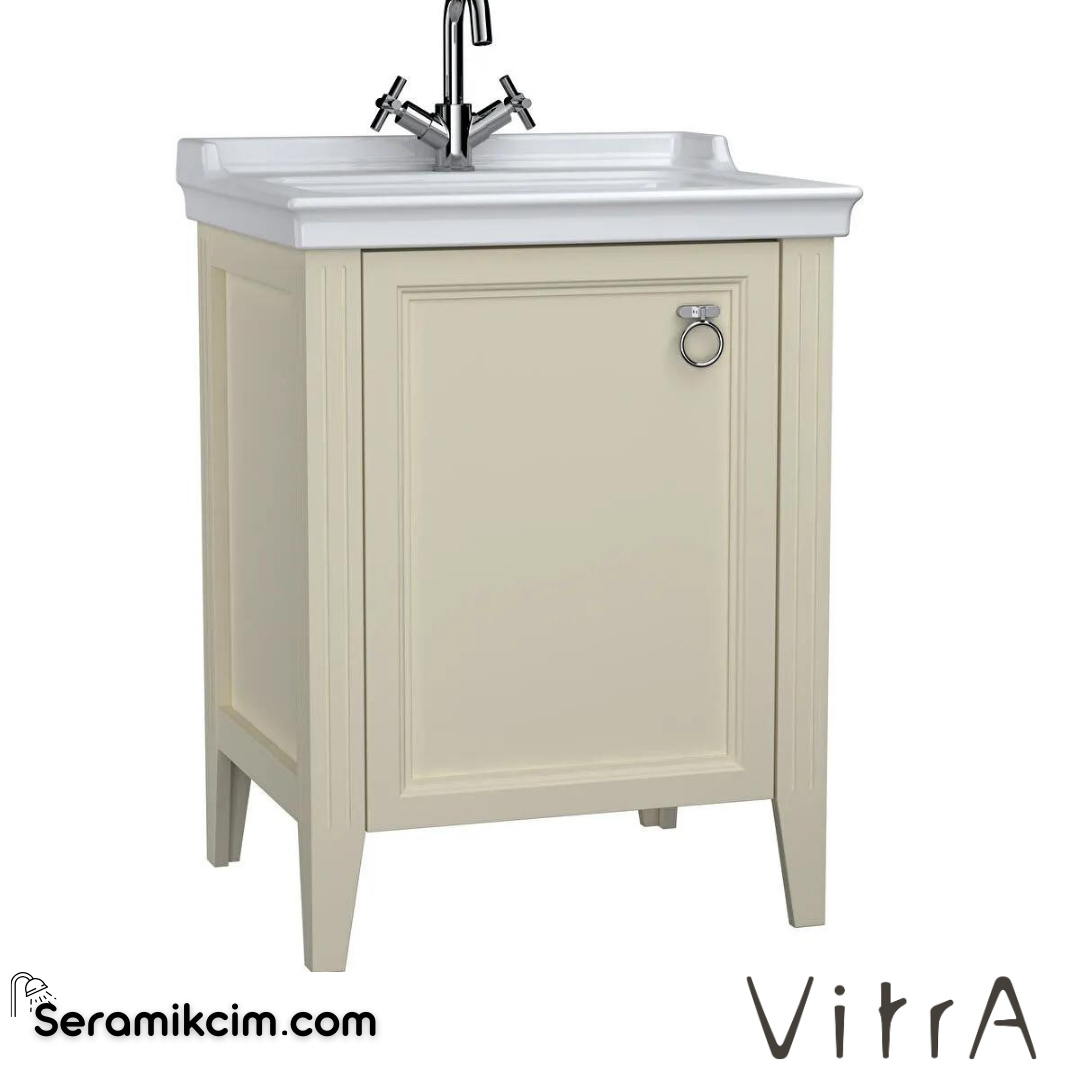 Vitra Valarte Lavabo Dolabı, 65 Cm, Kapaklı, Etajerli Lavabolu, Tek Armatür Delikli, Krom Kulplu, Mat Fildişi, Sol - 62152