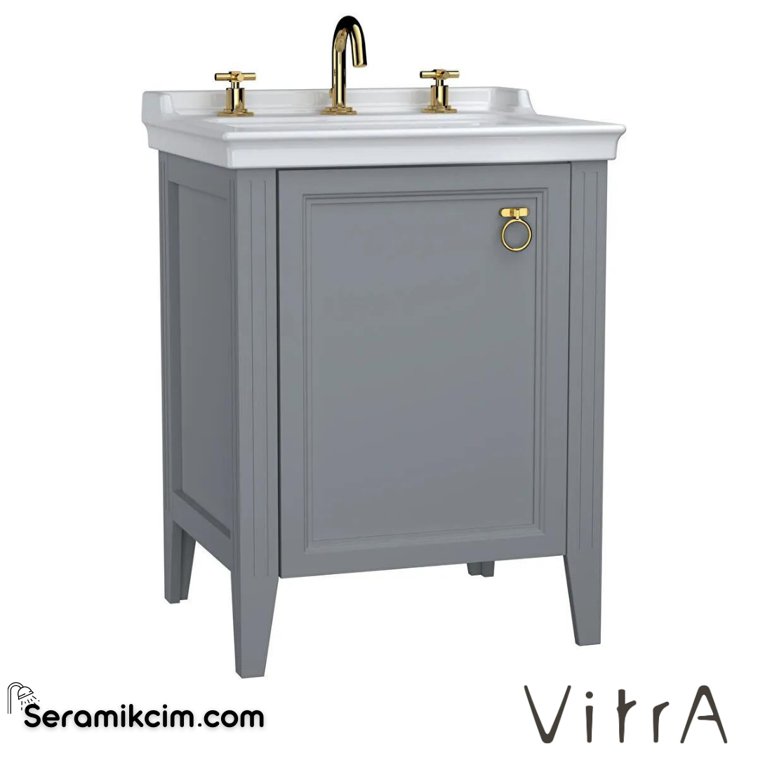 Vitra Valarte Lavabo Dolabı, 65 Cm, Kapaklı, Etajerli Lavabolu, Üç Armatür Delikli, Krom Kulplu, Mat Gri, Sağ - 62263