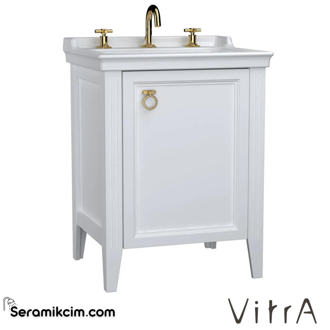 Vitra Valarte Lavabo Dolabı, 65 Cm, Kapaklı, Etajerli Lavabolu, Üç Armatür Delikli, Krom Kulplu, Mat Beyaz, Sağ - 62262