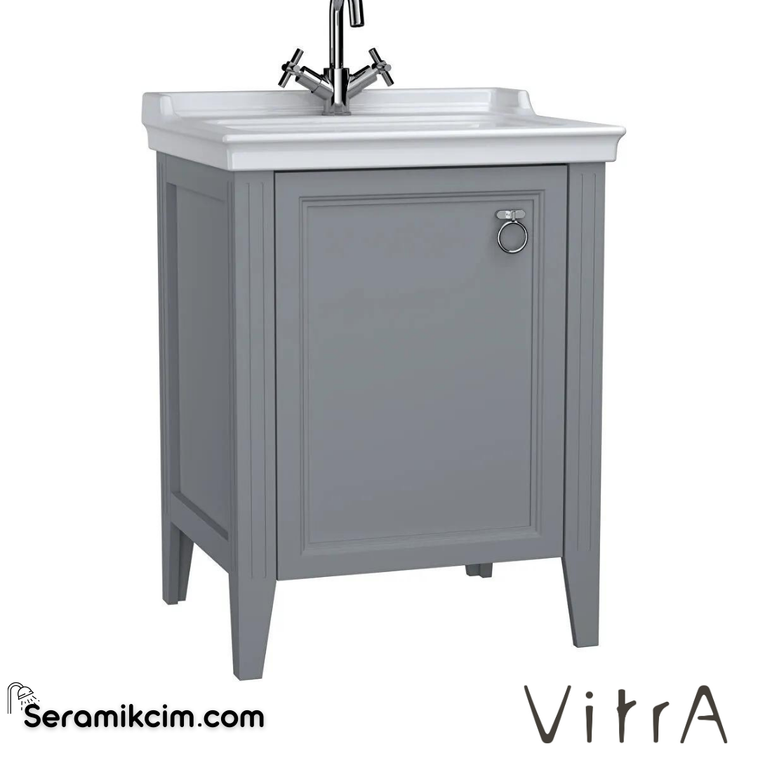 Vitra Valarte Lavabo Dolabı, 65 Cm, Kapaklı, Etajerli Lavabolu, Tek Armatür Delikli, Krom Kulplu, Mat Gri, Sol - 62151