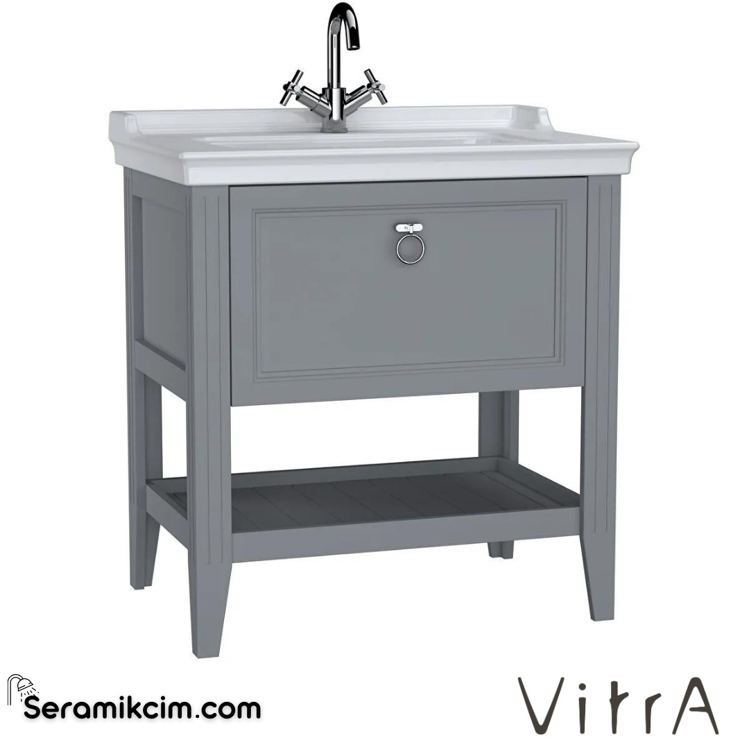 Vitra Valarte Lavabo Dolabı, 80 Cm, Çekmeceli, Etajerli Lavabolu, Tek Armatür Delikli, Krom Kulplu, Mat Gri - 62181