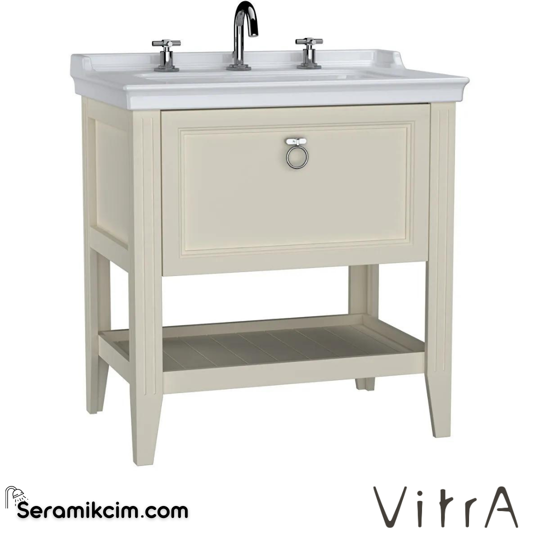 Vitra Valarte Lavabo Dolabı, 80 Cm, Çekmeceli, Etajerli Lavabolu, Üç Armatür Delikli, Krom Kulplu, Mat Fildişi - 62191