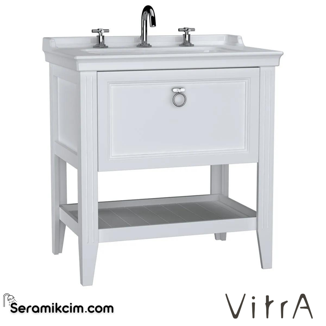 Vitra Valarte Lavabo Dolabı, 80 Cm, Çekmeceli, Etajerli Lavabolu, Üç Armatür Delikli, Krom Kulplu, Mat Beyaz - 62189