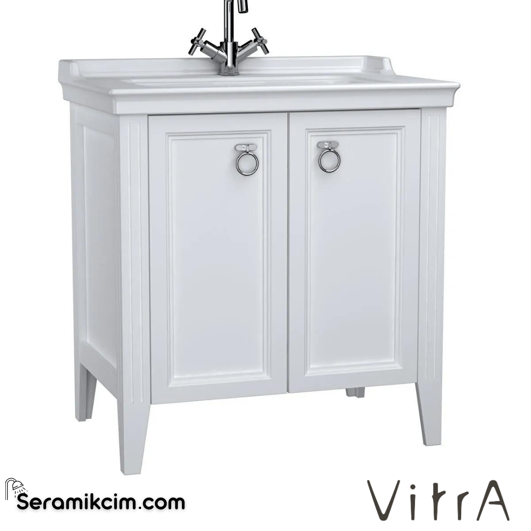 Vitra Valarte Lavabo Dolabı, 80 Cm, Kapaklı, Etajerli Lavabolu, Tek Armatür Delikli, Krom Kulplu, Mat Beyaz - 62153