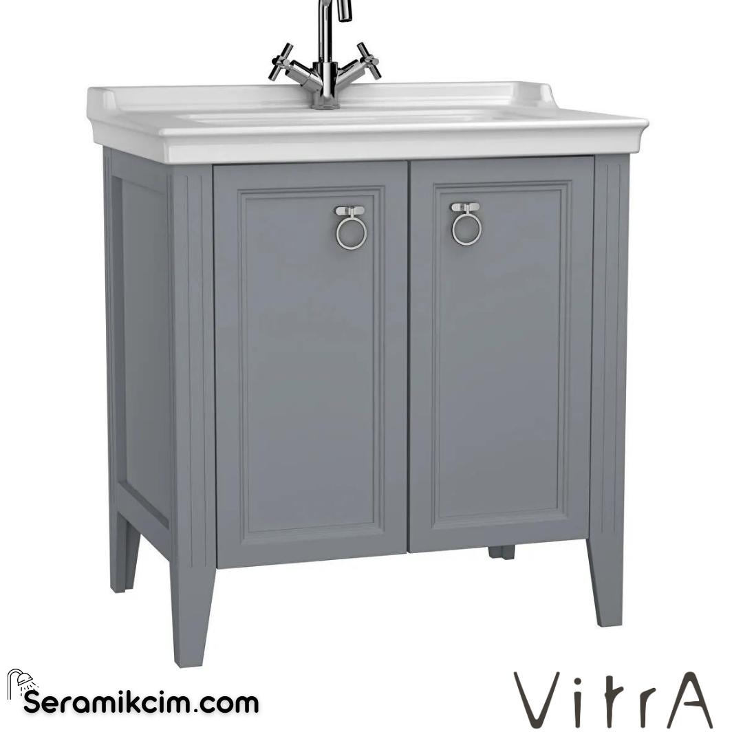 Vitra Valarte Lavabo Dolabı, 80 Cm, Kapaklı, Etajerli Lavabolu, Tek Armatür Delikli, Krom Kulplu, Mat Gri - 62154