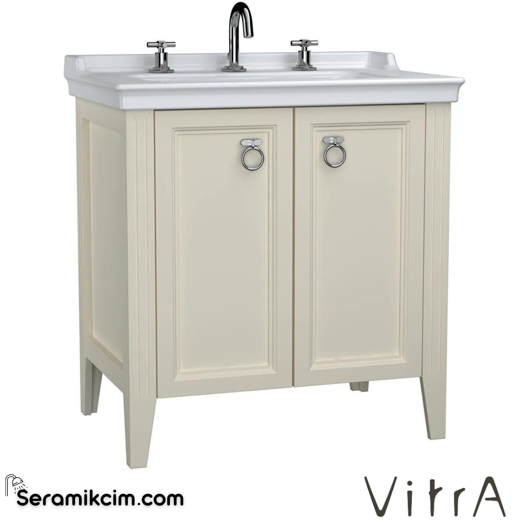 Vitra Valarte Lavabo Dolabı, 80 Cm, Kapaklı, Etajerli Lavabolu, Üç Armatür Delikli, Krom Kulplu, Mat Fildişi - 62164