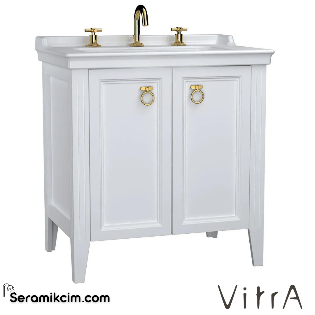 Vitra Valarte Lavabo Dolabı, 80 Cm, Kapaklı, Etajerli Lavabolu, Üç Armatür Delikli, Krom Kulplu, Mat Beyaz - 62162