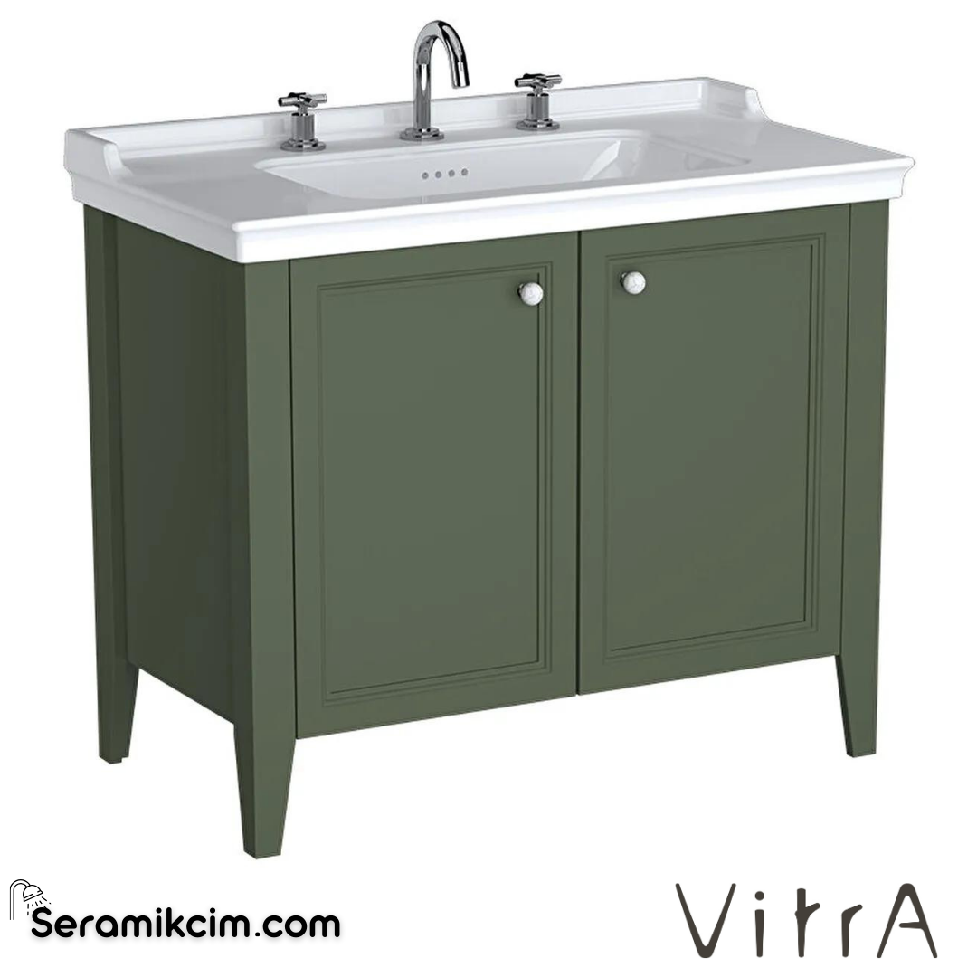 Vitra Valarte Neo Lavabo Dolabı, 100 Cm, Kapaklı, Etajerli Lavabolu, Üç Armatür Delikli, Retro Yeşil - 65837