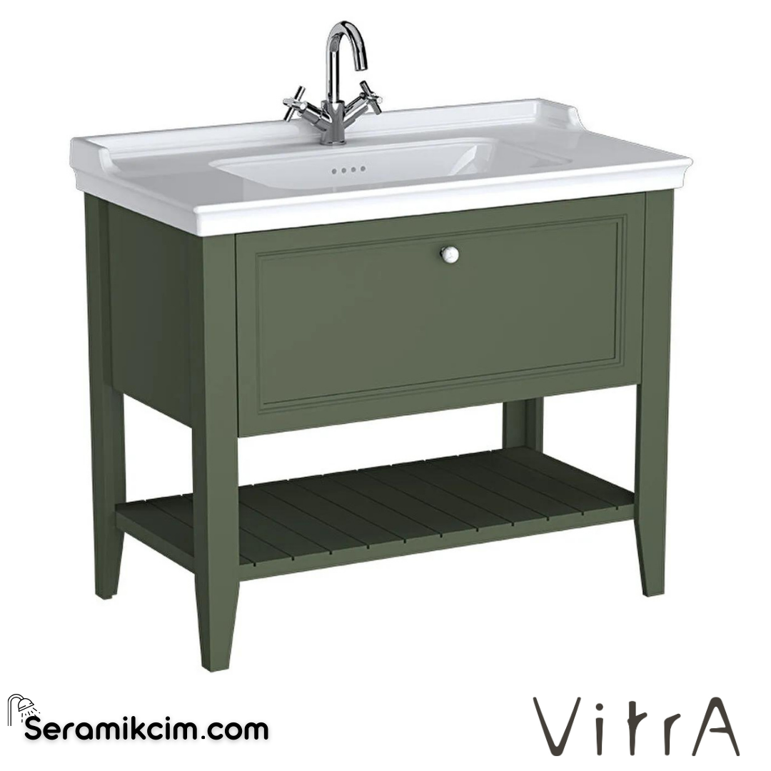 Vitra Valarte Neo Lavabo Dolabı, 100 Cm, Çekmeceli, Etajerli Lavabolu, Tek Armatür Delikli, Retro Yeşil - 65816