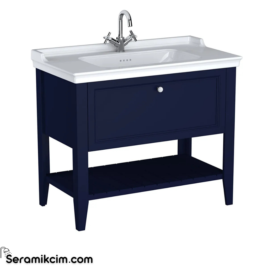 Vitra Valarte Neo Lavabo Dolabı, 100 Cm, Çekmeceli, Etajerli Lavabolu, Tek Armatür Delikli, Çelik Mavisi
