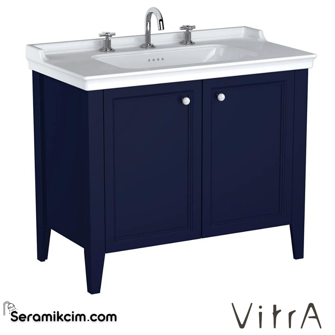 Vitra Valarte Neo Lavabo Dolabı, 100 Cm, Kapaklı, Etajerli Lavabolu, Üç Armatür Delikli, Çelik Mavisi - 65771