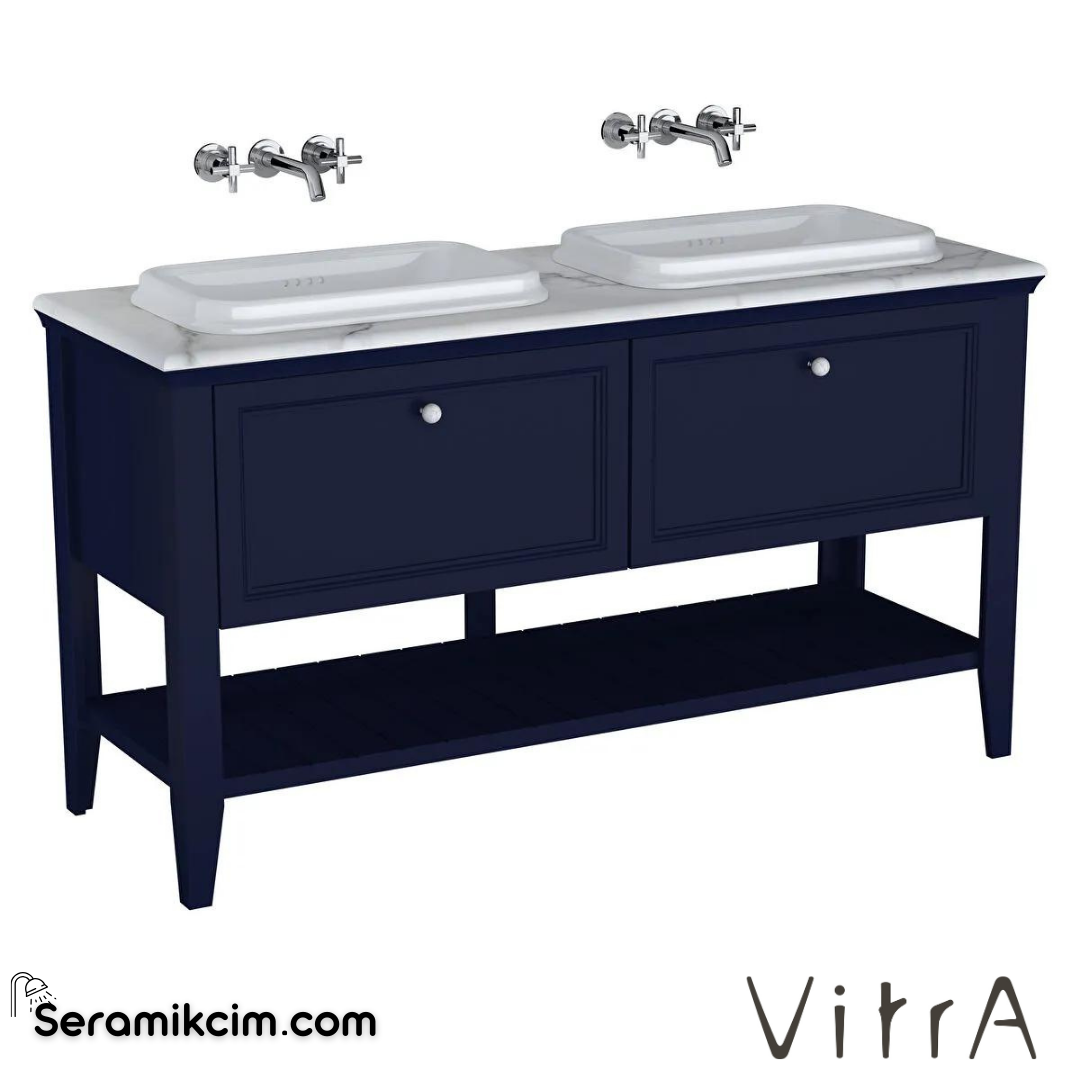 Vitra Valarte Neo Lavabo Dolabı, 150 Cm, Çift Çekmeceli, Tezgahüstü Lavabolu, Mermer Tezgahlı, Çelik Mavisi, Çift Lavabolu - 65786
