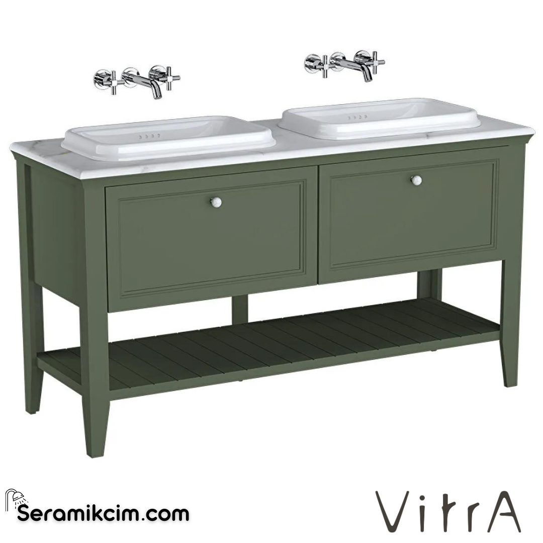 Vitra Valarte Neo Lavabo Dolabı, 150 Cm, Çift Çekmeceli, Tezgahüstü Lavabolu, Mermer Tezgahlı, Retro Yeşil, Çift Lavabolu - 65825
