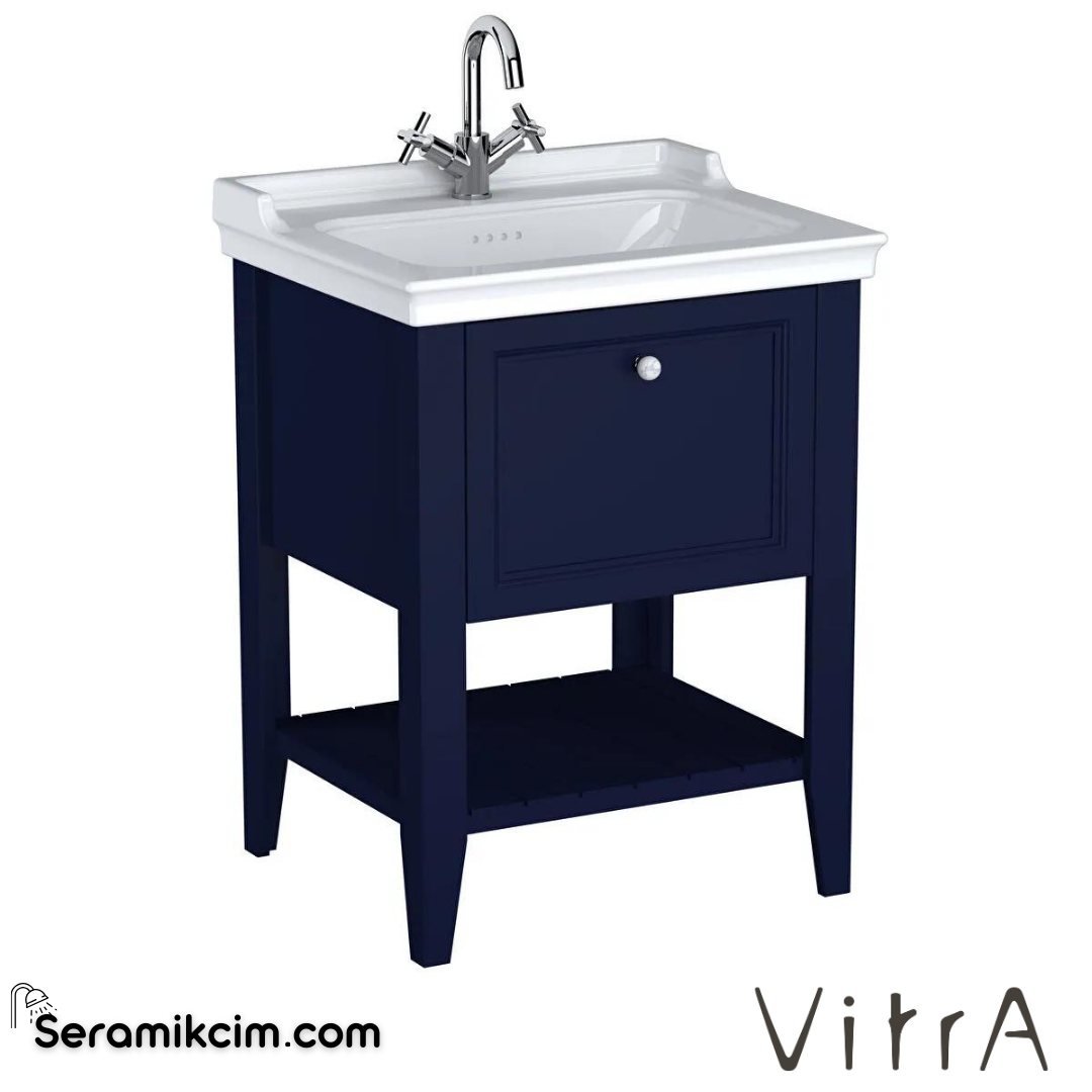 Vitra Valarte Neo Lavabo Dolabı, 65 Cm, Çekmeceli, Etajerli Lavabolu, Tek Armatür Delikli, Çelik Mavisi - 65775