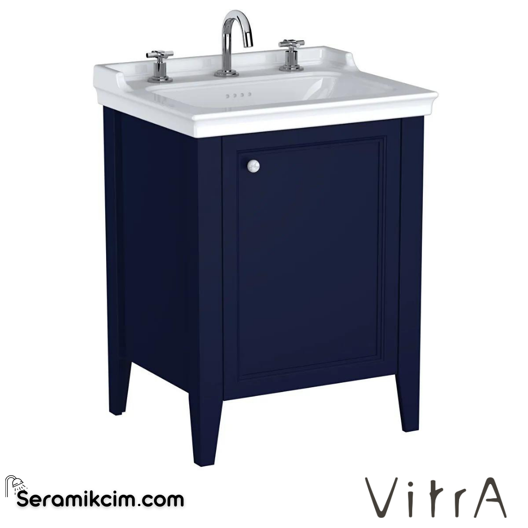 Vitra Valarte Neo Lavabo Dolabı, 65 Cm, Kapaklı, Etajerli Lavabolu, Üç Armatür Delikli, Çelik Mavisi, Sağ - 65769